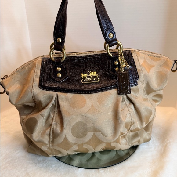 Coach Handbags - Coach Ashley Tan and Brown Signature C Satchel With Brown Patent Leather